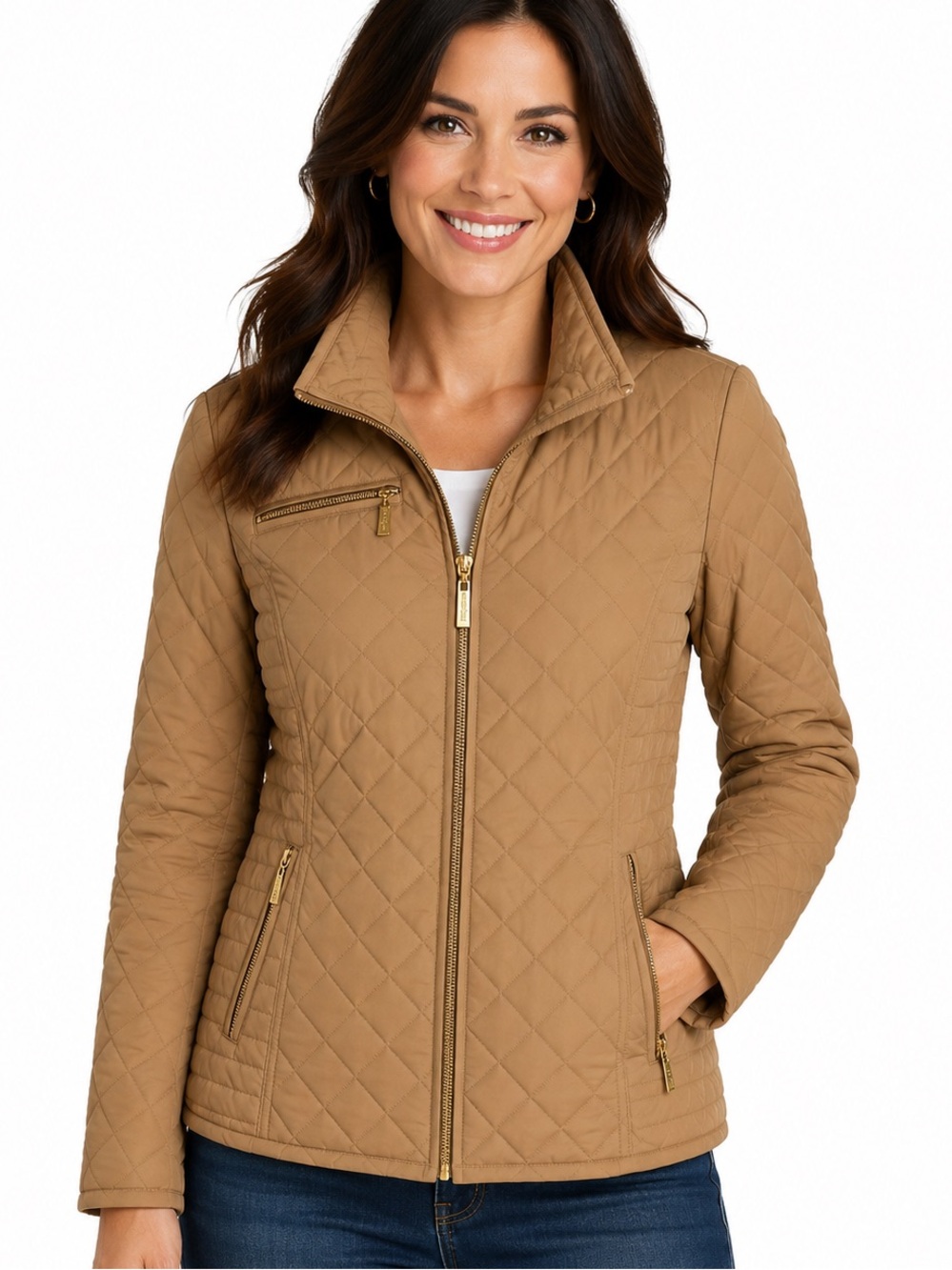 Company Ellen Tracy Quilted Camel Zip-Front Puffer Jacket